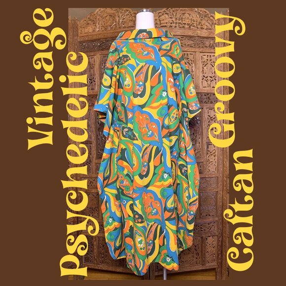 Dresses & Skirts - Vintage 60s 70s Psychedelic Caftan Flower Power, MD/LG.